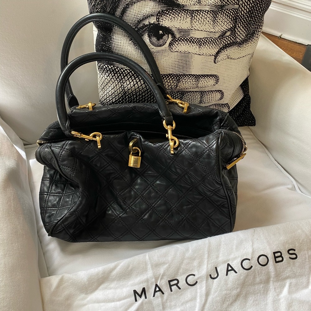 marc jacobs black quilted soft leather top handle bag, gold hardware NWT
